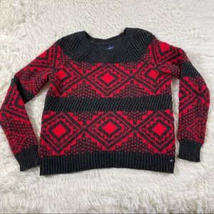 American Eagle Holiday Black Red Knit Nordic Sweater Wool Crew Neck Size Medium